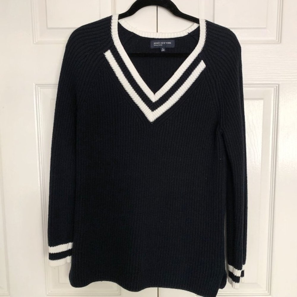 Jones New York Navy/White Shaker Stitch Sweater, Size Small